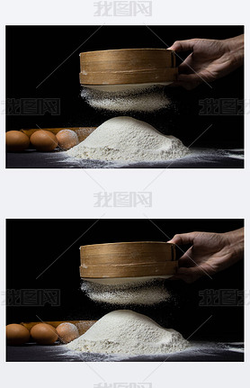 Flour is sifted through a sieve on a black background. Flour of the highest grade on a dark backgrou