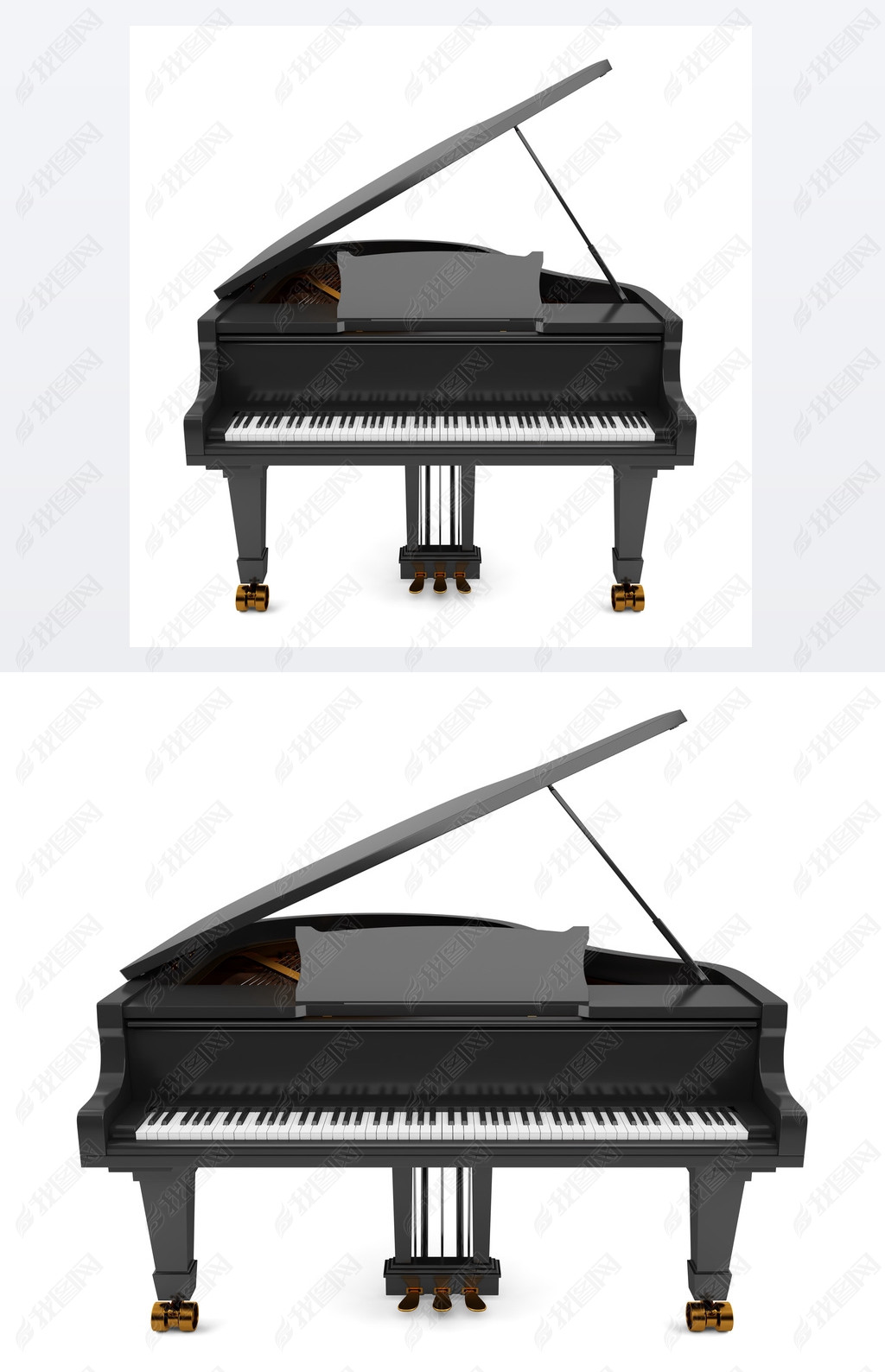 孤立在白色背景上的黑色大钢琴