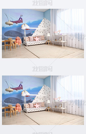 Interior of modern children's room with comfortable bed and beautiful painting on wall