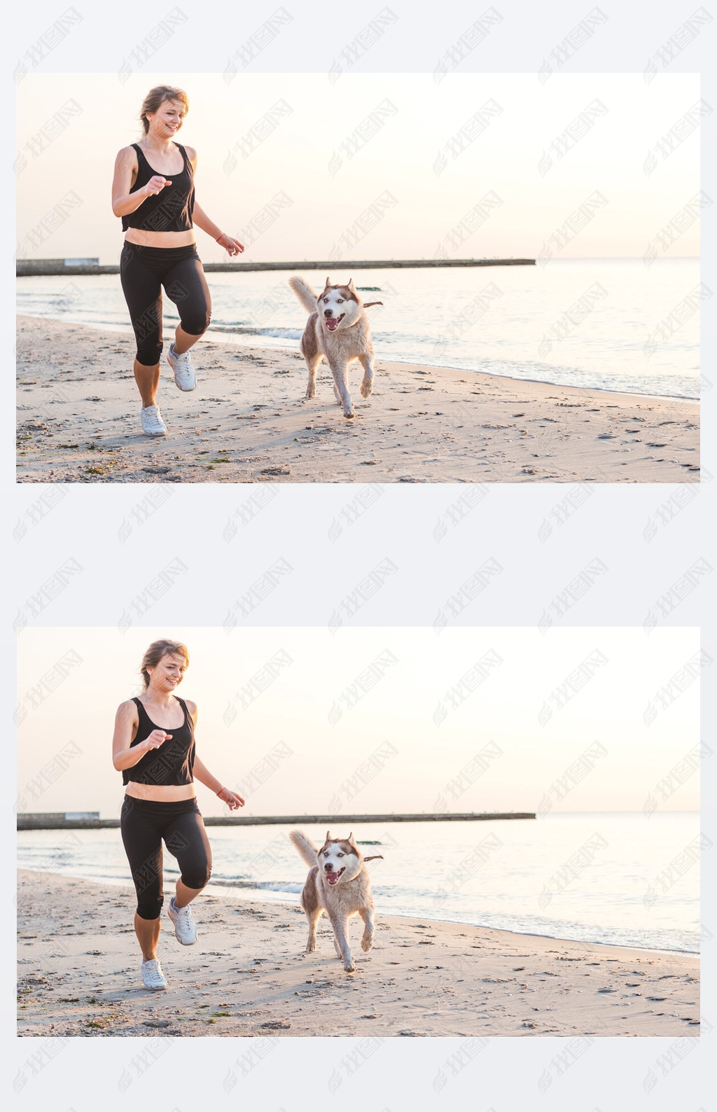 young caucasian female playing with siberian husky dog on beach during sunrise