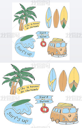 summer beach surfing set palm trees we surfboard