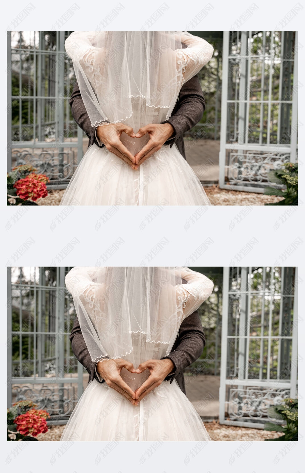 partial view of groom showing heart symbol with hands while embracing bride