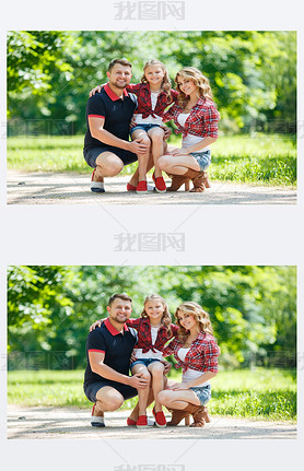 Happy family on a walk in a green Park in the summer.