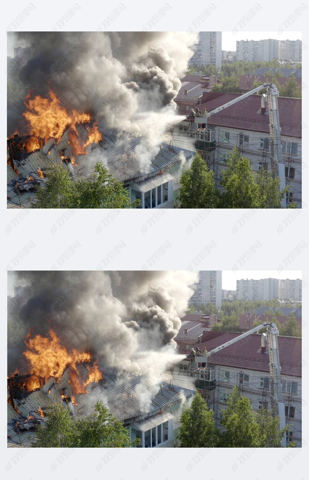 原创一栋住宅高层建筑的屋顶着火浓烟滚滚消防队员扑灭了大火顶部视图