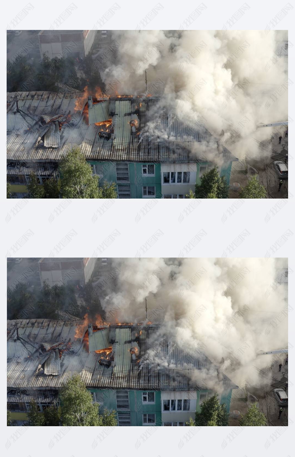 一所住宅的屋顶在燃烧消防队员扑灭了一栋住宅高层建筑屋顶的大火