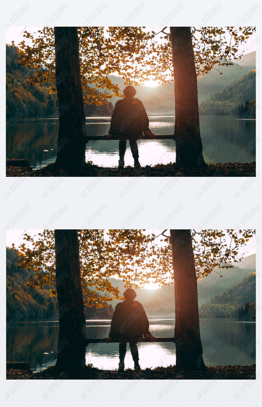 A girl sits on a bench and looks at Lake Ritsa at sunset in Abkhazia. Mountain landscape