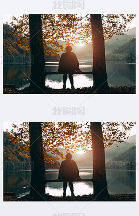 A girl sits on a bench and looks at Lake Ritsa at sunset in Abkhazia. Mountain landscape