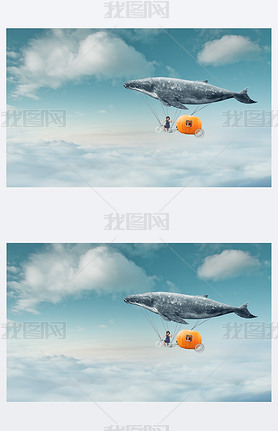 whale with pumpkin and two girls over clouds