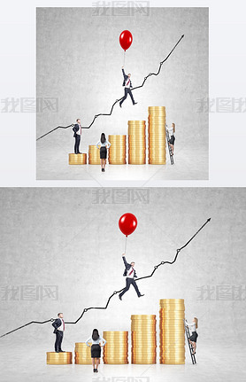 Businesan flying on red baloon over bar chart made of coins, another man standing on the lowest ba