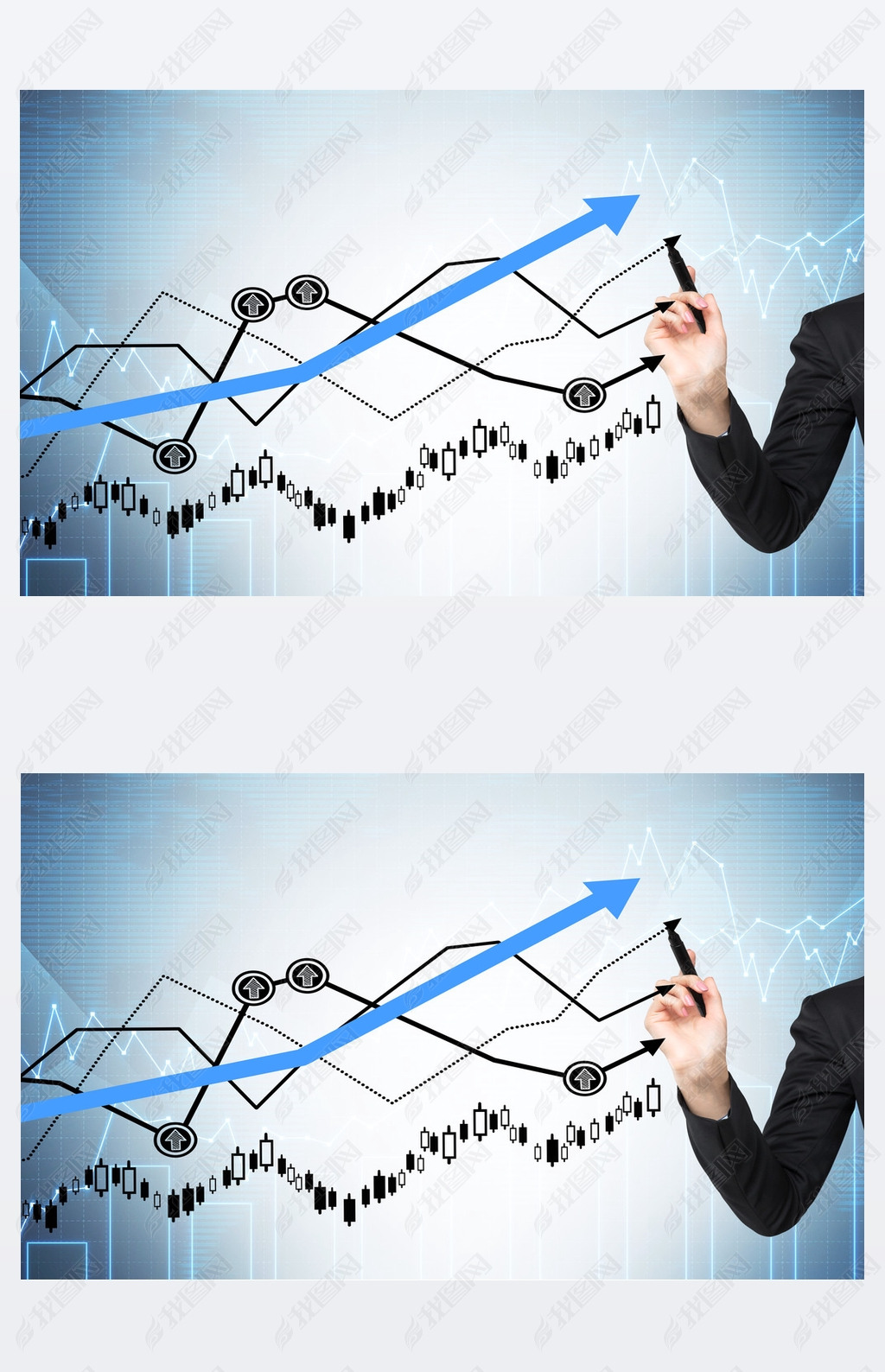 Woman's hand is drawing a growing graphs. Forex chart on the background.