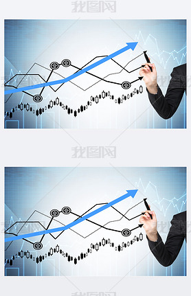 Woman's hand is drawing a growing graphs. Forex chart on the background.