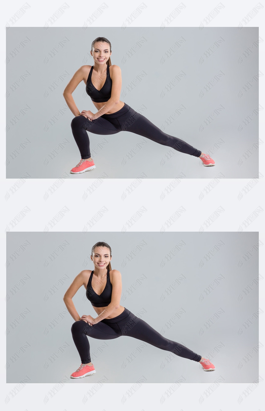 Positive active young fitness woman warming up and stretching 