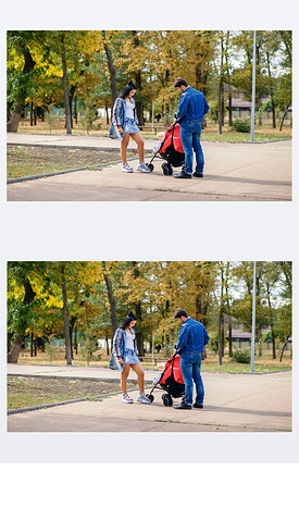 爸爸妈妈和女儿在公园里散步, 在一个婴儿车里, 一个阳光明媚的日子, 一个美丽的家庭 