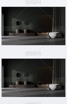 Dark grey bathroom interior with wooden sinks and round mirrors, front view. White bathtub and showe