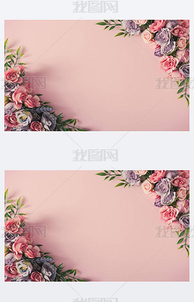 Creative arrangement of colorful flowers and green lees on pastel pink background. Women day minim