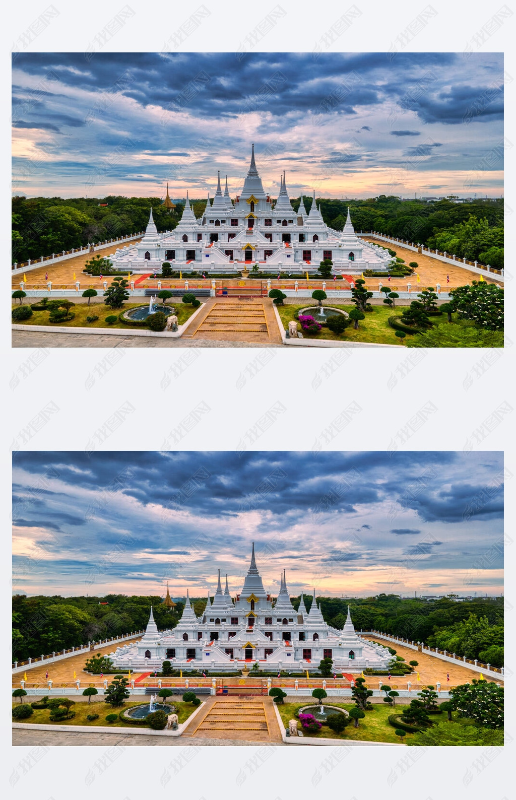 Samut Prakan, Thailand / September 27, 2020Wat Asokaram, Aerial View of White Buddhist Pagoda with 