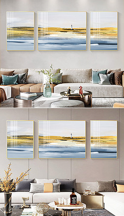 现代北欧抽象轻奢风景油画高端客厅烁金装饰画