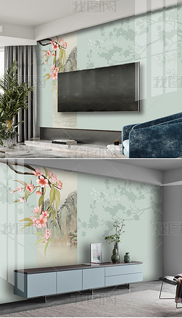 新中式山水画花朵电视背景墙