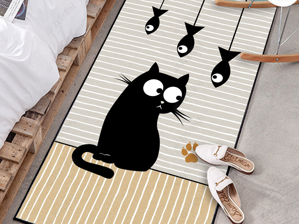原创北欧可爱卡通黄色猫条纹长方形长条床边地垫地毯版权可商用