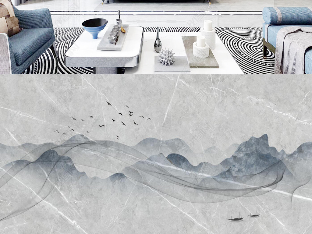 大理石纹爵士白中式水墨山水画石材岩板背景墙
