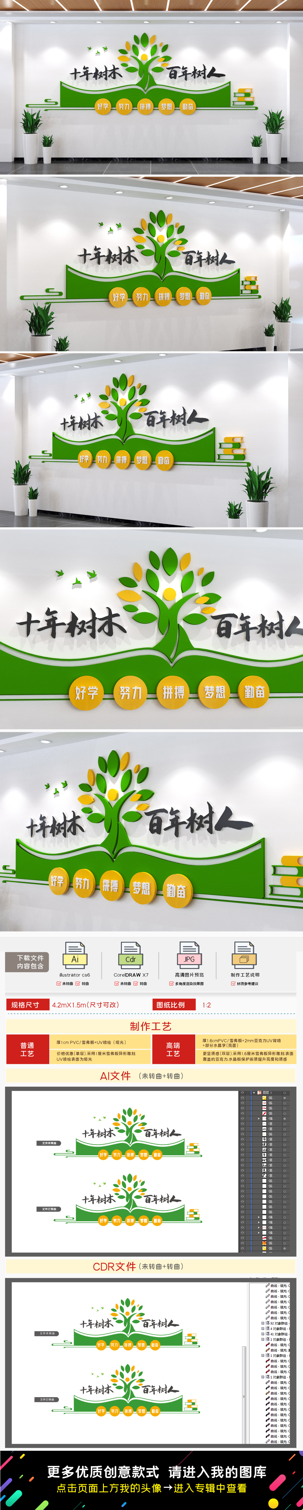 树形书本十年树木百年树人校园文化墙学校文化墙