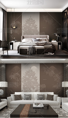 新古典新中式轻奢浮雕山水宫殿鹤卧室背景墙