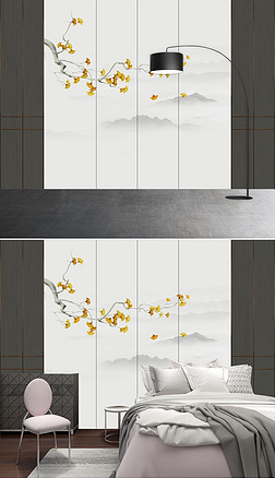 新中式手绘银杏叶花鸟山水壁画实木镶嵌壁纸