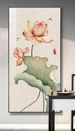 玄关画荷花玄关|新中式现代手绘工笔水墨荷花玄关客厅国画装饰画