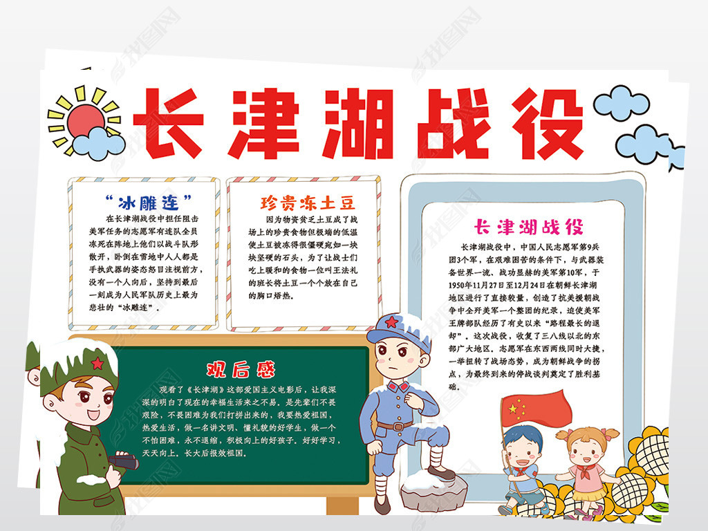 原创长津湖手抄报纪念抗美援朝战争手抄报线描模板版权可商用