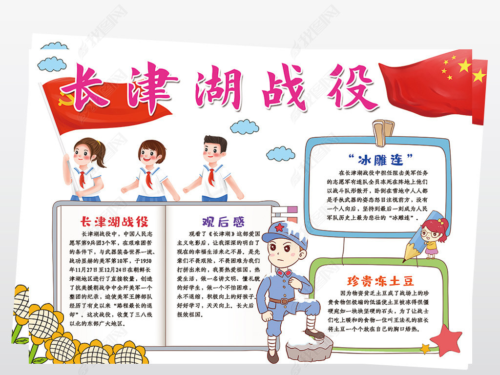 原创长津湖手抄报纪念抗美援朝战争手抄报线描模板版权可商用