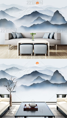 极简新中式水墨抽象意境山水背景墙装饰画