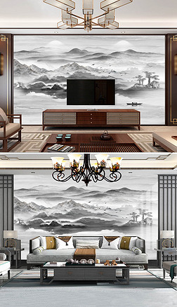 现代简约新中式大理石纹意境水墨山水电视背景墙