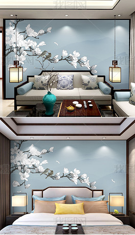 新中式手绘白玉兰工笔花鸟电视背景墙装饰画