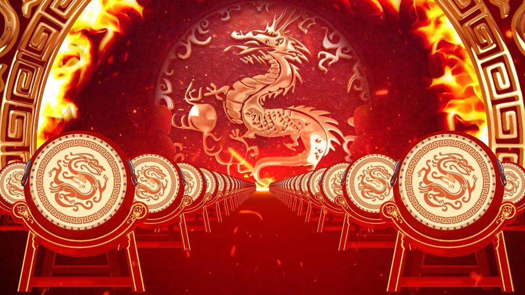 4k大气中国龙火焰鼓舞舞台背景视频