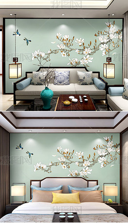 现代新中式手绘玉兰工笔花鸟电视背景墙装饰画