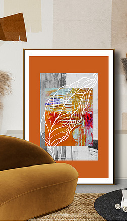 无框画树叶装饰画|爱马仕橙油画肌理树叶装饰画