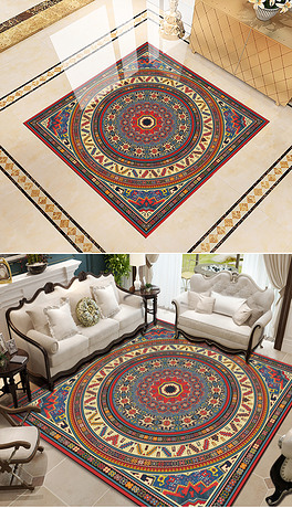 方形中式古典编织拼花地毯地垫装饰图案设计