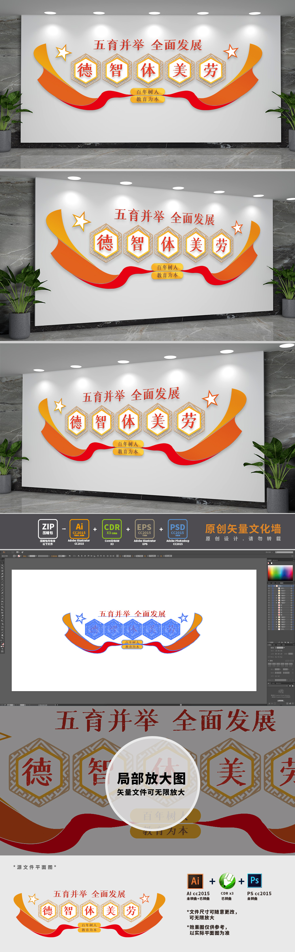 德智体美劳校园德育文化墙