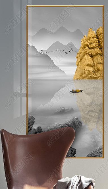新中式山水画金色玄关装饰画