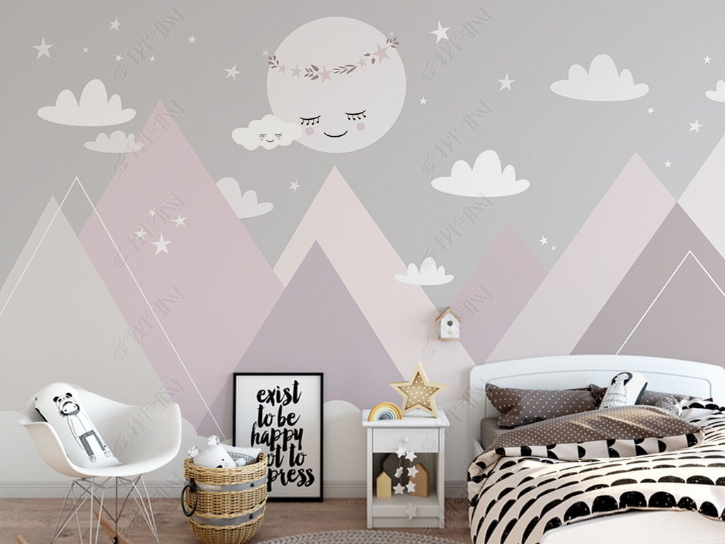 北欧ins手绘粉色山峰可爱云朵月亮儿童背景墙