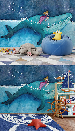 儿童房手绘鲸鱼水彩卡通背景墙