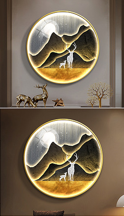 现代轻奢抽象金色山水光影灯带客厅装饰画3