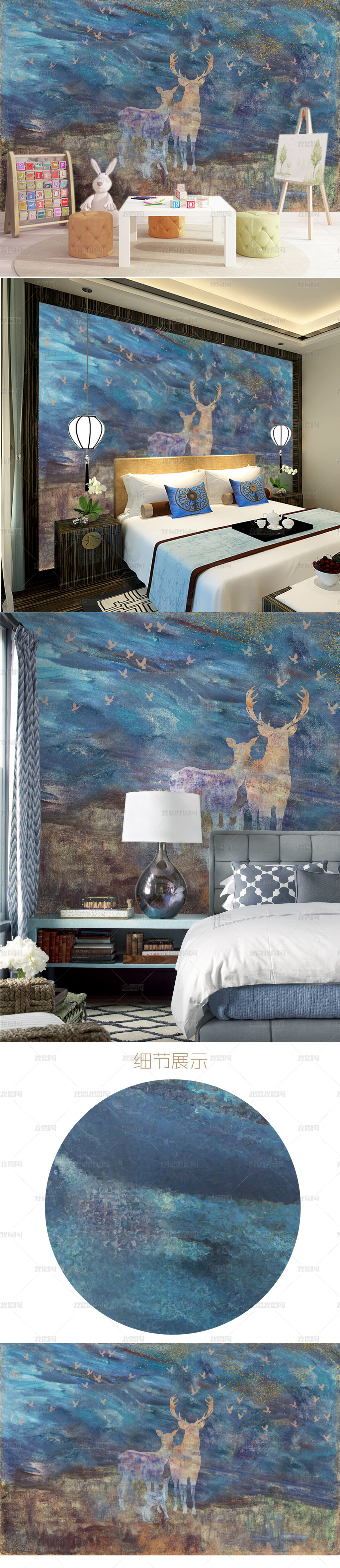 油画麋鹿背景墙油画背景墙手绘水彩麋鹿背景墙