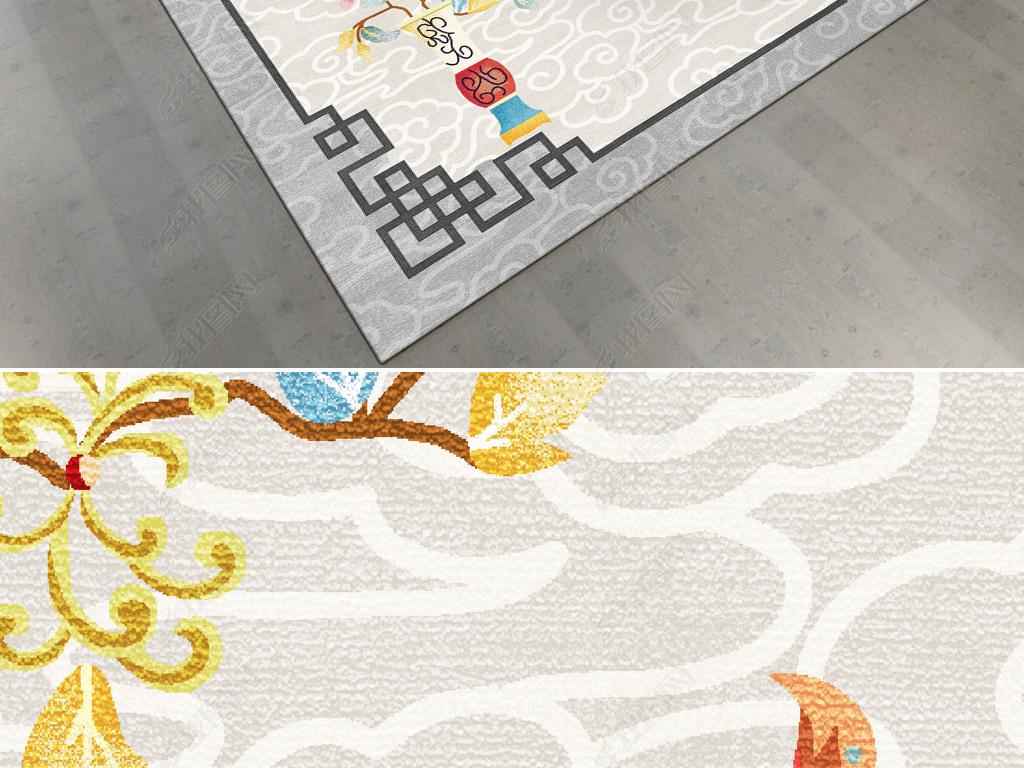 现代新中式抽象枝叶蝴蝶云纹地毯地垫图案设计