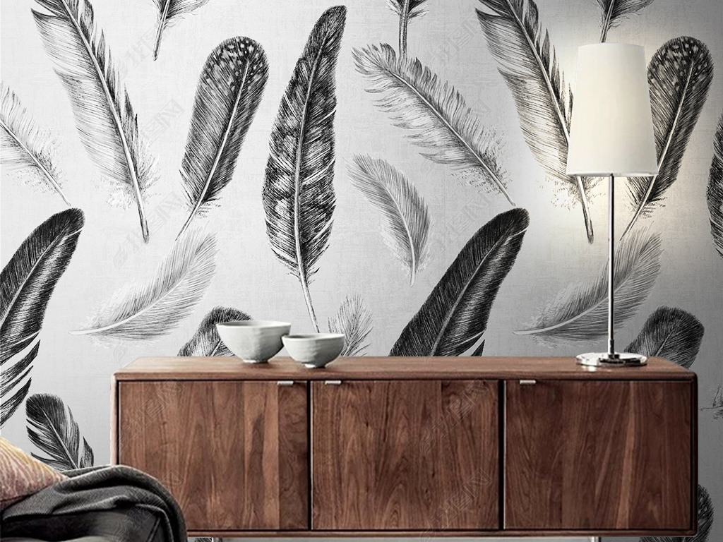 时尚灰色羽毛无缝壁纸图案墙纸壁画墙布