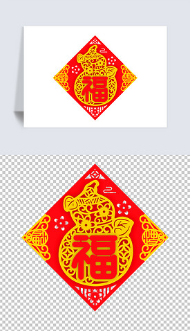 红色喜庆葫芦春节福字植绒布剪纸装饰矢量图