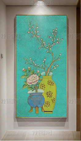 新中式手绘花鸟工笔装饰画玄关背景