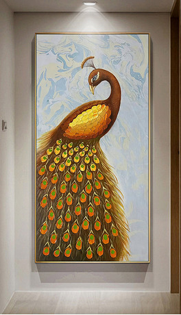 抽象金色孔雀油画玄关装饰画
