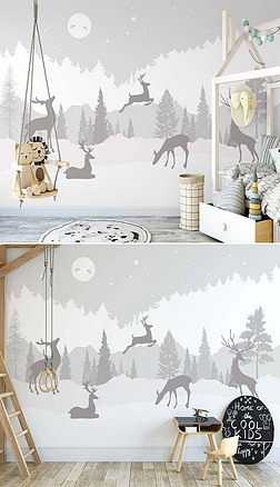 北欧ins手绘卡通森林麋鹿儿童房卡通背景墙