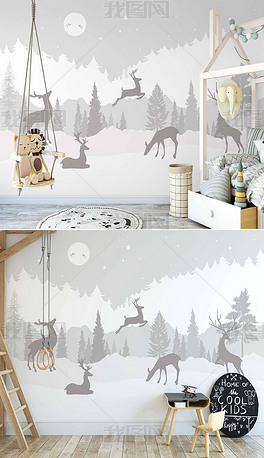 北欧ins手绘卡通森林麋鹿儿童房卡通背景墙